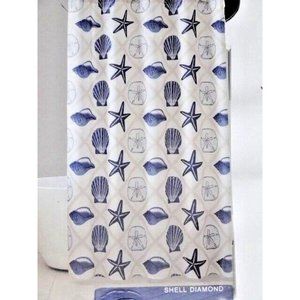 Sea Shells Diamond Shower Curtain and Roller Hooks Blue White Nautical Bath NEW